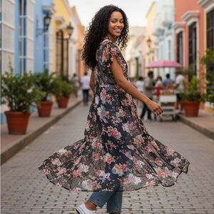 BETSEY JOHNSON sheer floral coverup duster kimono, ruffled sleeves OSFM EUC